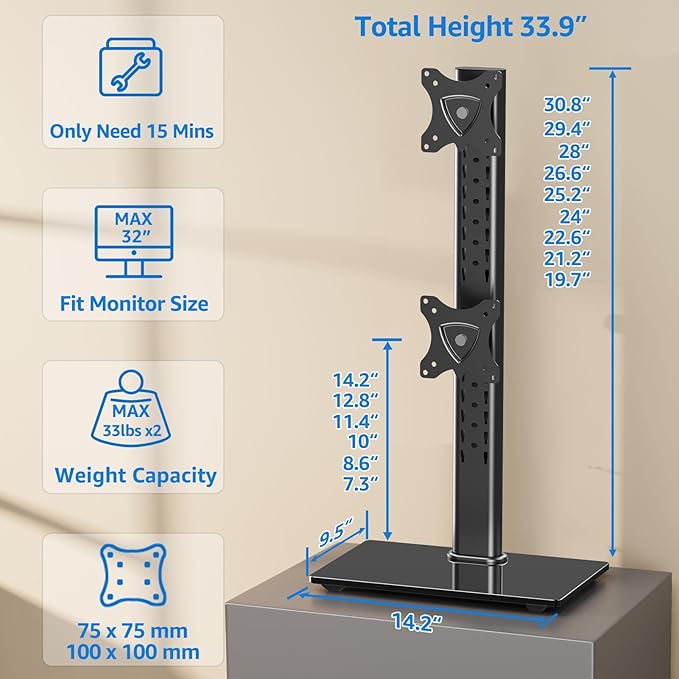 MOUNTUP Vertical Dual Monitor Stand, Stack Two Screens up to 32 inches,33 Lbs, Free-Standing Monitor Desk Mount, Monitor Riser with Swivel, Tilt, Height Adjustable, VESA Stand 100 x 100mm, 75 x 75mm-DeskLoop Office