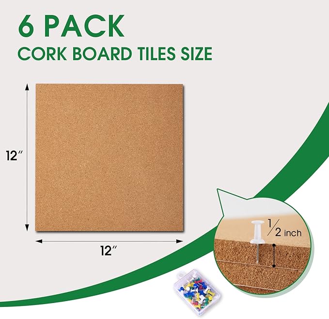 6 Pack Cork Bulletin Board 12 x 12 Inch - 1/2" Thick Cork Board Tiles,Self-Adhesive Frameless Cork Tiles Wall Decor with 50 PCS Pushpins for DIY, Office, School and Home Decor-DeskLoop Office