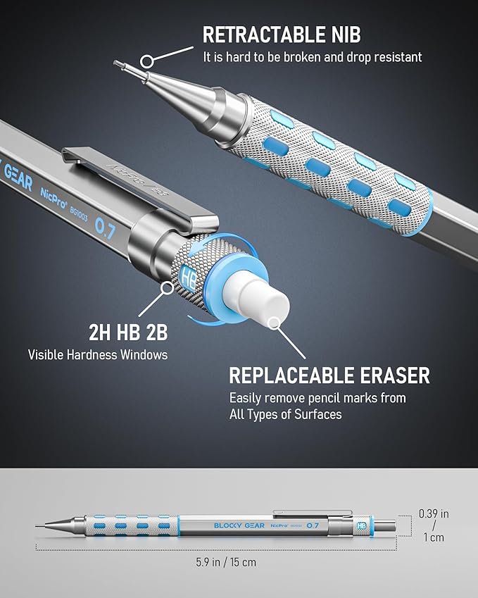Nicpro Blocky Gear 0.7 mm Mechanical Pencils Set in Case, Metal Pencil with Lead Refills, Eraser for Professional & Adult Art Writing Drafting Drawing-DeskLoop Office