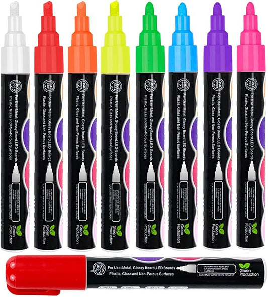 Liquid Chalk Markers Set (8 Pack), 6mm Reversible Thick & Chisel Tip, Wet Erase Paint Pens for Non Porous Blackboard Chalkboard, Car Glass Windows, School Business Supplies (8 Neon Color)-DeskLoop Office