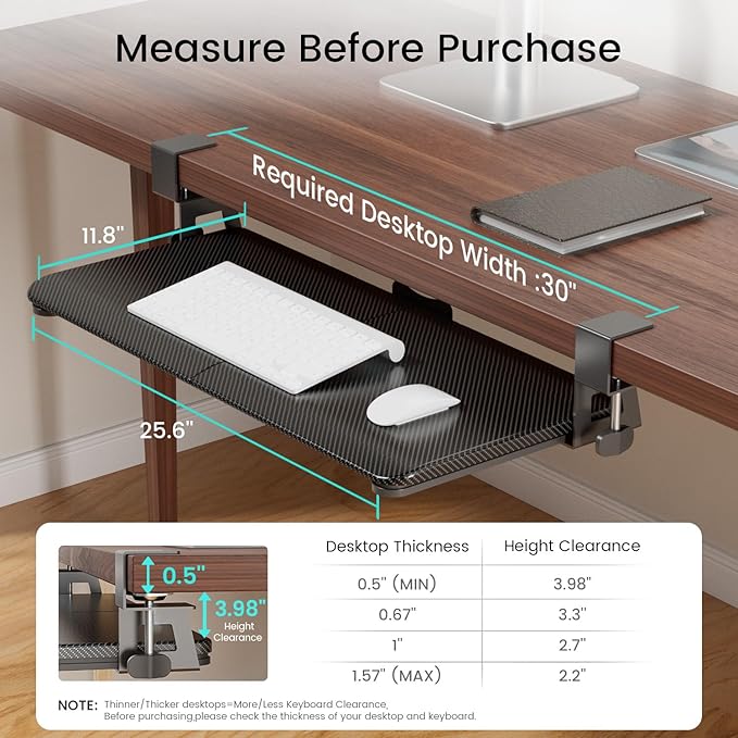 Large Keyboard Tray Under Desk Slide Out with Extra Sturdy C Clamp Mount System,26'' (30'' including Clamps) x11 Slide-Out Keyboard Drawer Under Desk for Typing,Keyboard Mouse Tray,Black-DeskLoop Office