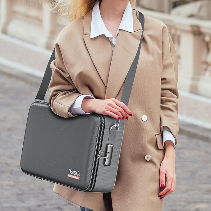 DocSafe Fireproof Document Box with Lock, Hard Case File Organizer with Accordion File Folder, Fireproof Water Resistant Safe Box Home Office Travel Storage for Important Documents Laptop Gray-DeskLoop Office