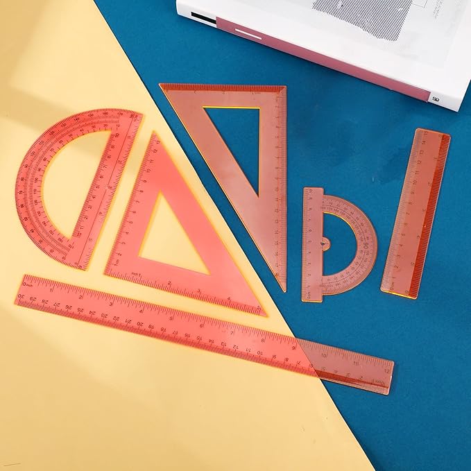 Tenare 6 Pcs Plastic Ruler Math Set Includes 12 Inch 6 Inch Straight Protractor Triangle Geometry Transparent Math Ruler Measuring Tools for School Office Home (Orange)-DeskLoop Office