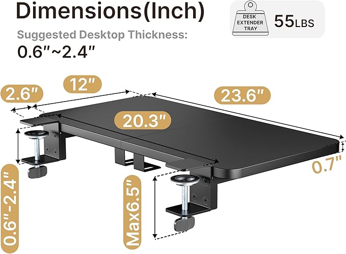 Desk Extender Tray, 24" x 12" Clamp On Desk Shelf, Desk Extension with Laptop Holder, Table Desk Arm Rest, Clamp On Keyboard Tray for Office and Home, Workstation Organizer, Medium, Black-DeskLoop Office