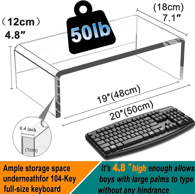 Clear Acrylic Monitor Stand Riser 20", Laptop Keyboard Cover cat Proof, Keyboard Protector Anti-Cat Prevent Cats from Touching Keyboard, Clear Monitor Riser for Keyboard Storage-DeskLoop Office