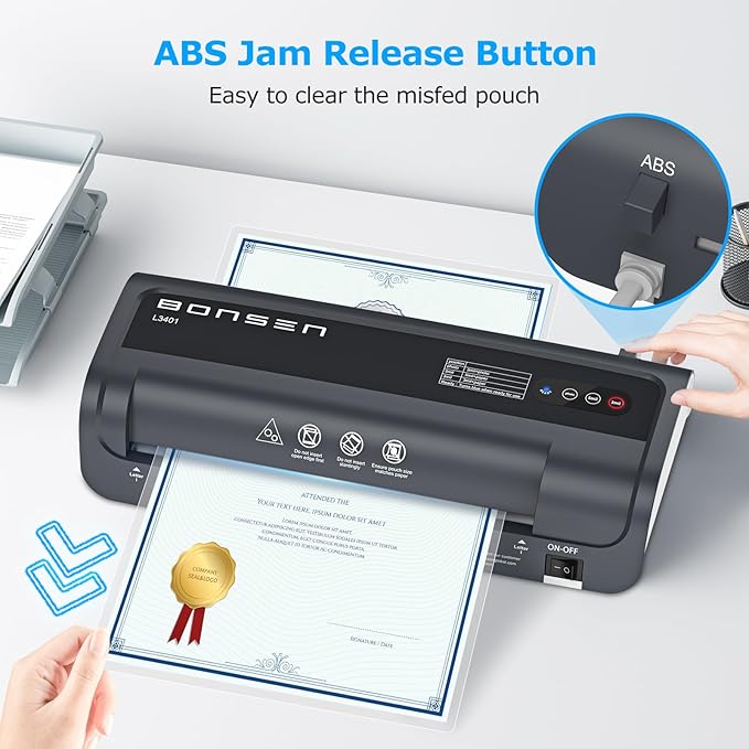 BONSEN A4 Laminator Machine, 9.33-Inch Thermal Laminator with Never Jam Technology, 100 Laminating Sheets, Laminates Photos Cards Documents, 4-in-1 Personal Laminators for Teachers Home Office School-DeskLoop Office