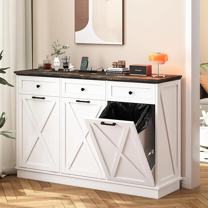 Farmhouse Tilt Out Trash Cabinet, Triple 13 Gallon Wooden Kitchen Trash Can Cabinet with Hideaway Drawer, Freestanding Garbage Recycling Cabinets, Pet Proof, Power Outlets, 59 Inch, White-DeskLoop Office