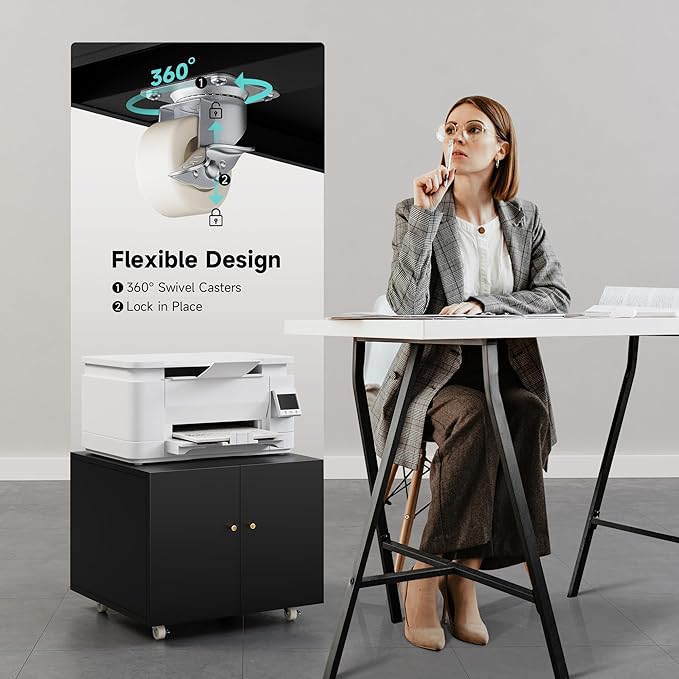 Warmiehomy Metal Printer Stand with Storage Mobile Printer Tables for Small Spaces with Door Adjustable Shelf Black File Cabinet on Wheels for Home Office-DeskLoop Office