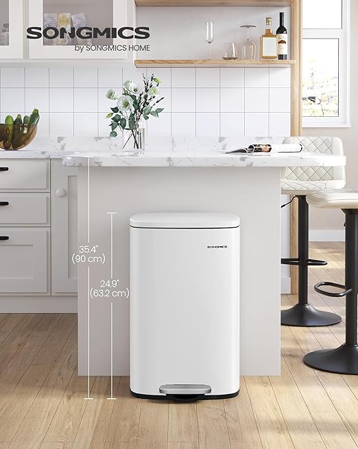 SONGMICS 13 Gallon (50 L) Trash Can, Stainless Steel Kitchen Garbage Can, Recycling or Waste Bin, Soft Close, Step-On Pedal, Removable Inner Bucket, White ULTB050W01-DeskLoop Office