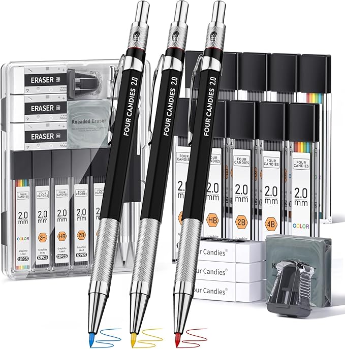 Four Candies 3PCS 2MM Mechanical Drawing Pencils with Case, Metal Art Lead Pencil with 120 Graphite Lead Refills (HB 2H 2B 4B Color), Kneaded Eraser, Sharpener, for Drafting, Drawing, Sketching-DeskLoop Office