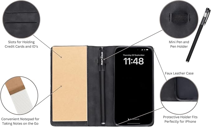 MOJO Notepad Phone Case for iPhone 16 - Folding Wallet Phone Case with Mini Pen and Note Pad (Black)