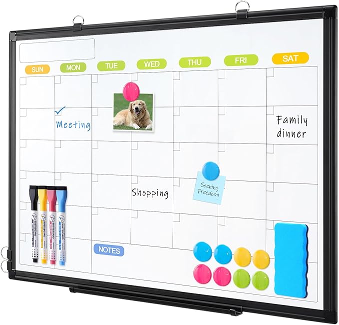 Dry Erase Calendar Whiteboard for Wall, WALGLASS 36" x 24" Magnetic White Board, Monthly Dry Erase Calendar with Silver Aluminum Frame, Double-Sided Hanging Portable Board for Office, Home, School-DeskLoop Office