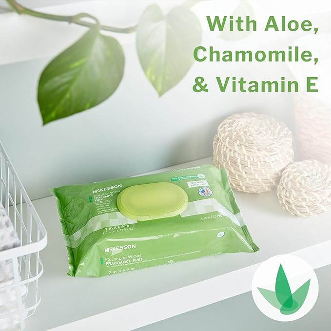McKesson Flushable* Adult Wet Wipes – 576 Wipes (12 Pack of 48) – Aloe & Vitamin E, Plant-Based Cleansing Wipes, Unscented-DeskLoop Office