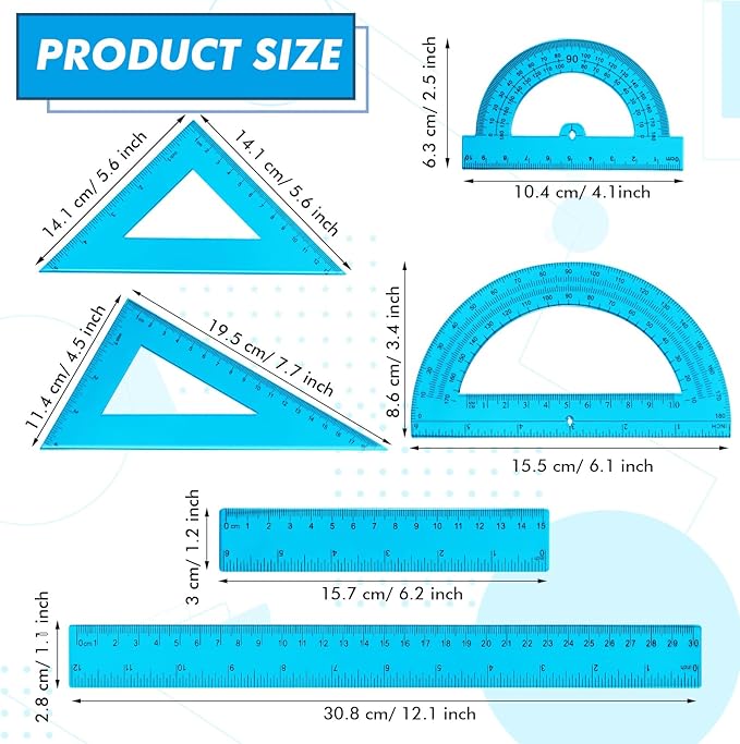 Tenare 6 Pcs Plastic Ruler Math Set Includes 12 Inch 6 Inch Straight Protractor Triangle Geometry Transparent Math Ruler Measuring Tools for School Office Home(Blue)-DeskLoop Office