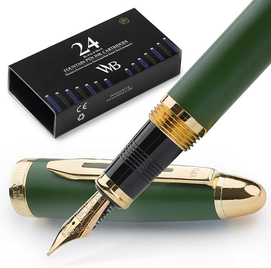 Wordsworth & Black Majesti Fountain Pen-(Green), Luxury Case, 24K Gold Finish; 18K Gilded Medium Nib- Ink Cartridges, Refillable Ink Converter-Calligraphy Pen-Best Business Gift Set for Men & Women-DeskLoop Office