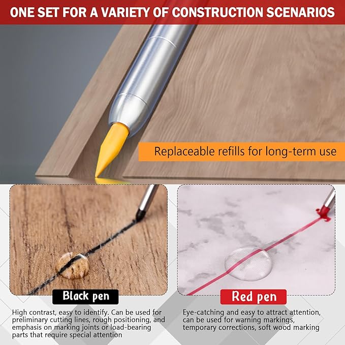 8 pack 2.8mm Mechanical Carpenter Pencils with 48 Refills, Construction Pencils with Built-in Sharpener, Long Nib Deep Hole Marker, Heavy Duty Woodworking Tools (Black+yellow)-DeskLoop Office