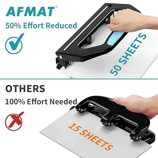 AFMAT Heavy Duty 3 Hole Punch, 50-Sheet, 50% Reduced Effort, Adjustable Two & Three Hole Punch, Metal Paper Puncher w/Large Chip Tray, Metal Paper Guide, Black-DeskLoop Office