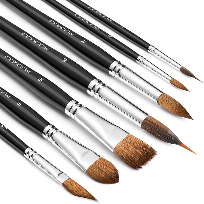 Sable Watercolor Brushes, Fuumuui 7pcs Professional Artist Paint Brushes Set with Extended Needle, Round Point, Flat, Dagger, Cat's Tongue for Watercolor, Acrylic, Gouache – Detail & Wash Painting-DeskLoop Office