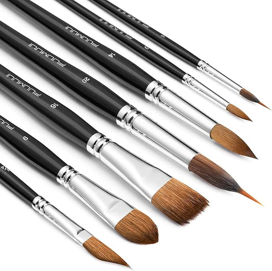 Sable Watercolor Brushes, Fuumuui 7pcs Professional Artist Paint Brushes Set with Extended Needle, Round Point, Flat, Dagger, Cat's Tongue for Watercolor, Acrylic, Gouache – Detail & Wash Painting-DeskLoop Office