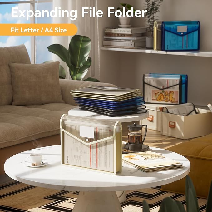 ABC life 6 Pack Plastic Expanding File Folder, Transparent envelopes with Snap Closure, No Dividers, Large Capacity, Assorted Colors, Fit Letter/A4 Size (Black+Blue+Tea Grey)-DeskLoop Office