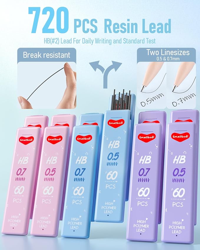 12PCS 0.5 & 0.7 mm Mechanical Pencils Set with Case, Cute Pastel Mechanical Pencil with 720PCS HB Lead Refills, 3 Erasers, Aesthetic Back to School Supplies for Student Writing Drafting-DeskLoop Office