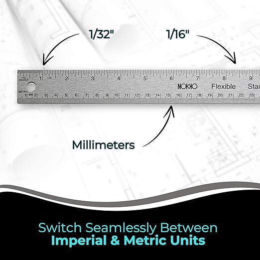 NOKKO 18 Inch Metal Ruler with Cork Backing, Pack of 2 - Stainless Steel Straight Edge Ruler with Inches and Centimeters, Non-Slip Cork Back for Precision Measurement and Stability-DeskLoop Office