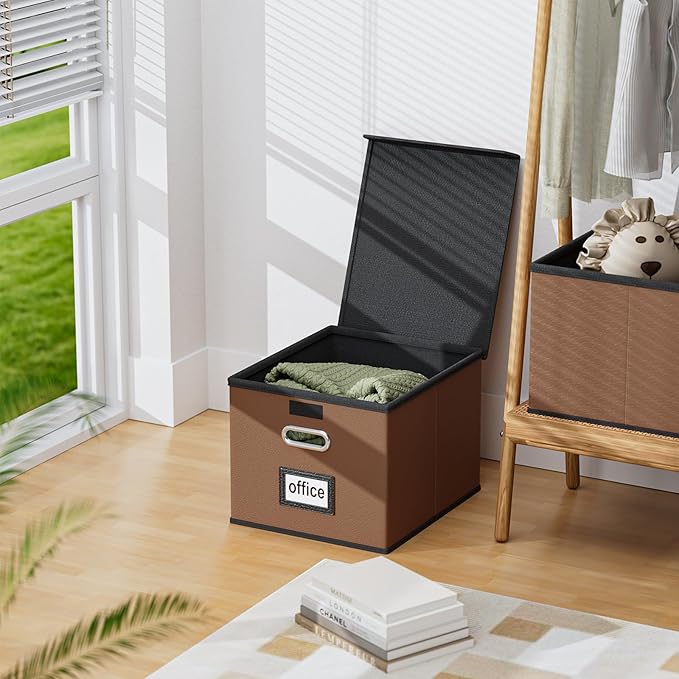 Huolewa File Organizer Boxes with Lids, Collapsible Faux Leather Hanging File Folder Box Organizer with Plastic Slide, Decorative Home/Office Filing System Boxes for File and Folders Storage-DeskLoop Office