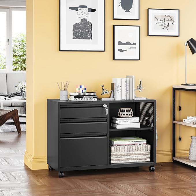 3 Drawer Metal File Cabinet with Lock,Mobile Lateral Filing Cabinet,Printer Stand Storage Cabinets with Shelves for Home Office(Black)-DeskLoop Office
