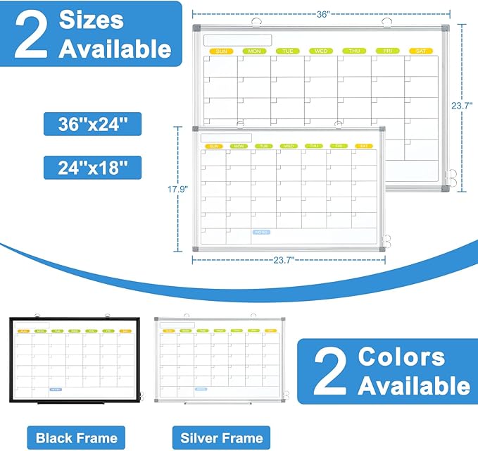 Dry Erase Calendar Whiteboard for Wall, WALGLASS 24" x 18" Magnetic White Board, Monthly Dry Erase Calendar with Silver Aluminum Frame, Double-Sided Hanging Portable Board for Office, Home, School-DeskLoop Office