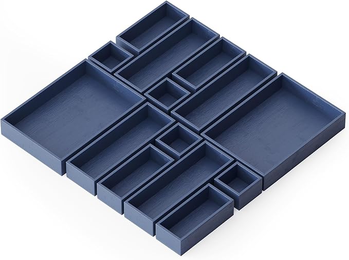 SpaceAid 14-Piece Bamboo Drawer Organizer Storage Boxes Set, Wood Tray Junk Drawer Organizers Multi-Use Divider Bins for Kitchen, Bathroom, Office Desk and Makeup Organization (14 Pack, Navy Blue)-DeskLoop Office