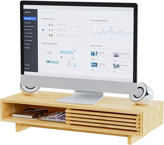 Zri Bamboo Computer Monitor Stand with Drawer, Dual Laptop Stand for Desk,Single Monitor Riser with Storage,Wood Office Desk Organizer & Accessories-DeskLoop Office