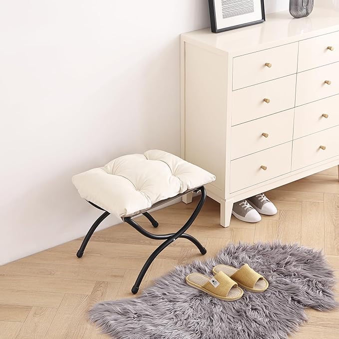LITA Folding Upholstered Footrest Stool, Modern Small Portable Accent Ottoman with Detachable Thick Cotton Cushion Padded Sofa Stool with Metal Frame for Lazy Chair, Living Room & Bedroom, Beige-DeskLoop Office