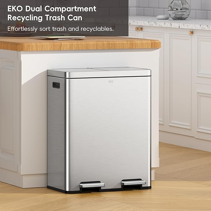 EKO Edison Dual Trash Can for Recycling and Trash, 8+8 Gallons Kitchen Garbage Can with Dual Removable Inner Liners, Independent Lids and Pedals, Matte Stainless Steel-DeskLoop Office