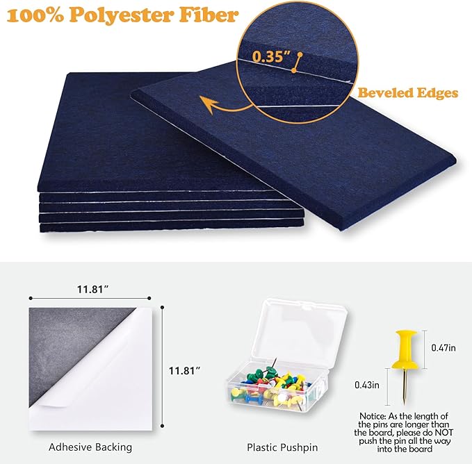 Large Cork Board for Wall with Pins, 36" x 24" Bulletin Board Self-Adhesive Pin Board | Customized 6 Packs Felt Tiles for Office Home Wall Decor, Navy-DeskLoop Office