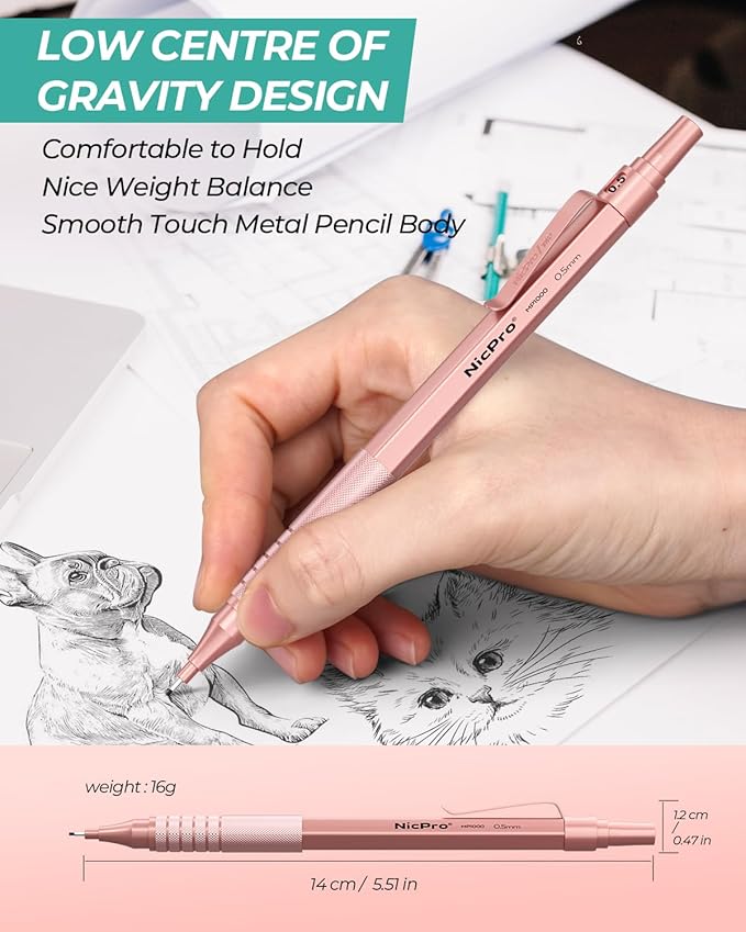 Nicpro 0.5 mm Metal Mechanical Pencil Set, 3PCS MP1000 Artist Lead Pencils With 480PCS HB 2B Lead Refills, Erasers, Aesthetic School Supplies for Girls & Women Teacher Writing Drawing Sketching-DeskLoop Office