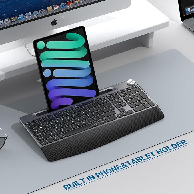 JOYACCESS Ergonomic Wireless Keyboard with Wrist Rest, Low-Profile,Phone Holder,2.4GHz Full Size Silent Cordless USB Computer Keyboard for Windows, Mac OS Desktop/Laptop/PC-Black Grey-DeskLoop Office