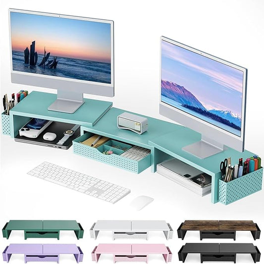gianotter Dual Monitor Stand Riser, Desk Organizer With Drawer and 2 Pen Holders, Monitor Stand for Desk, Office Decor Essentials (Blue)-DeskLoop Office