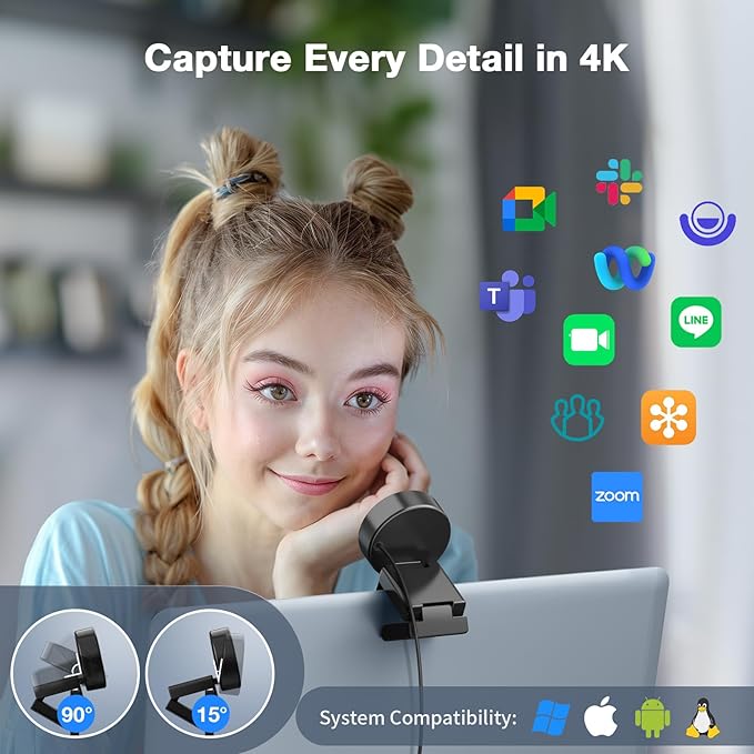 EMEET C950 4K Webcam for PC - 8 Megapixels 4K UHD, PDAF Autofocus, Noise-Canceling Mic, 70° FOV, 1080P@60FPS, Privacy Cover, USB 2.0 Plug&Play, No Tripod Hole, Ideal Webcam for Zoom/Teams/Google Meet-DeskLoop Office