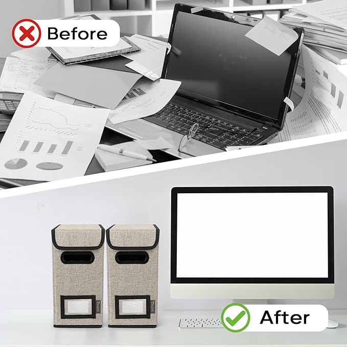 BALEINE File Organizer Box with Lid, Collapsible File Folder Organizer with Plastic Slide, Hanging File Folder Box for Office Document Storage (1 Pack, Beige, S)-DeskLoop Office