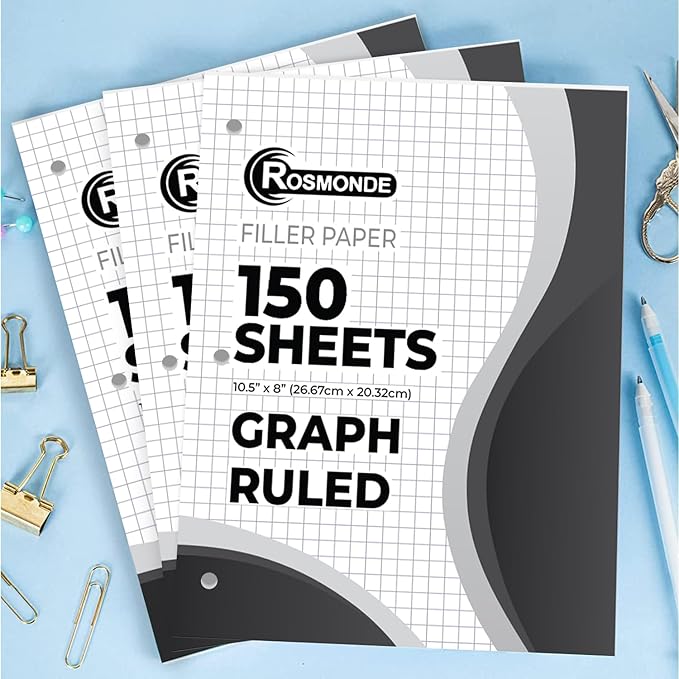 24 Pack Graph Paper Bulk, 3600 Sheets, Bulk Loose Leaf Paper, 4x4 Grid Paper, 8" x 10.5", Quad Ruled Bulk Filler Paper, 54 GSM, 3 Hole Punched for Binders, Bulk Graphing Paper, Bulk Paper