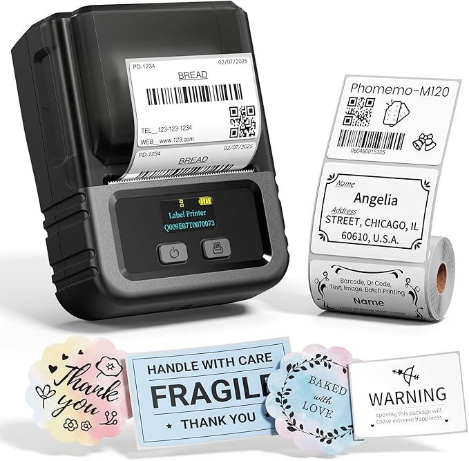 Phomemo M120 Label Maker, 2 Inch Barcode Printer, Portable Thermal Label Maker for Small Bussiness, Barcode, QR Code, Name, Address, Logo, Clothing, Office, Home, Sticker Printer for Phone/PC/Tablet-DeskLoop Office