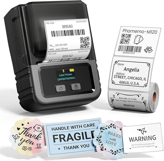 Phomemo M120 Label Maker, 2 Inch Barcode Printer, Portable Thermal Label Maker for Small Bussiness, Barcode, QR Code, Name, Address, Logo, Clothing, Office, Home, Sticker Printer for Phone/PC/Tablet-DeskLoop Office