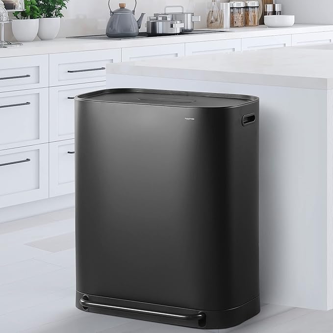 happimess HPM1014B Beni Kitchen 16-Gallon Double-Bucket Step-Open Trash Can with Soft-Close Lid, Modern, Minimalistic, Fingerprint Proof for Home, Kitchen, Laundry Room, Office, Bathroom, Black