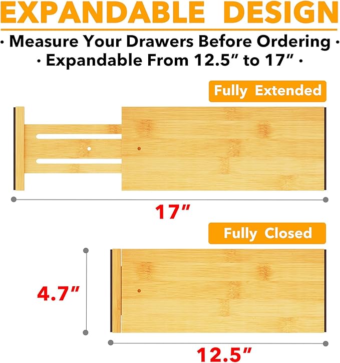 SpaceAid Bamboo Dresser Drawer Dividers 6 Pack, 4.65“ High Adjustable 12.5“-17” Drawer Organizers, Expandable Organization for Clothing, Clothes, Dressers, Natural-DeskLoop Office