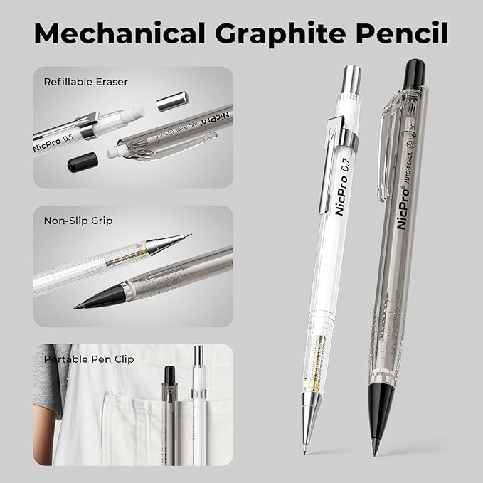 Nicpro 6 PCS Art Mechanical Pencils Set with Case, Drafting Pencil 0.5 & 0.7 & 0.9 mm and 3PCS 2mm Lead Holder (4B 2B HB 2H Colors) For Art Writing, Sketching Drawing,With Lead Refills Erasers-DeskLoop Office