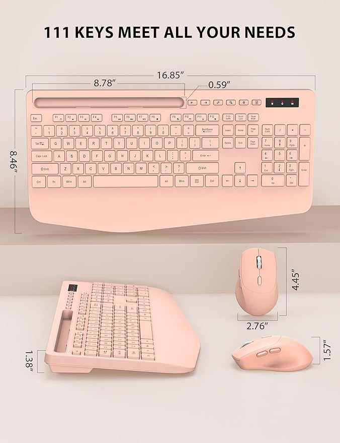 Trueque Wireless Keyboard and Mouse Combo - Full-Sized Ergonomic Keyboard with Wrist Rest, Phone Holder, Sleep Mode, Silent 2.4GHz Cordless Keyboards Mice Set for Computer, Laptop, PC, Windows (Pink)-DeskLoop Office