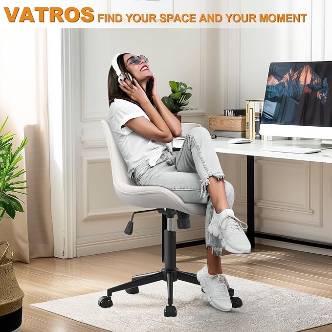 Office Chair, Armless Desk Chair with Wheels, Ergonomic Comfy Home Office Computer Task Chairs, Faux Leather Padded Cute Vanity Chair, Adjustable Height Swivel Chair with Back,White-DeskLoop Office
