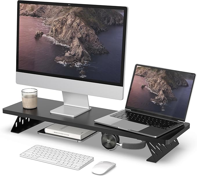 Fenge Monitor Stand Riser, Desk Top Shelf for 2 Monitors, Computer Stands for Desk, Wood & Steel Desktop Riser for Laptop, PC, Printer-DeskLoop Office