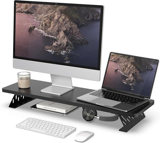 Fenge Monitor Stand Riser, Desk Top Shelf for 2 Monitors, Computer Stands for Desk, Wood & Steel Desktop Riser for Laptop, PC, Printer-DeskLoop Office