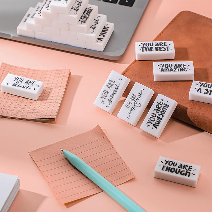 PerKoop 50 Pcs Back to School Inspirational Small Pencil Erasers Bulk for Kids, White Cute Fun Motivational Erasers Gifts for Teachers Students Classroom Reward First Day of School Supplies-DeskLoop Office